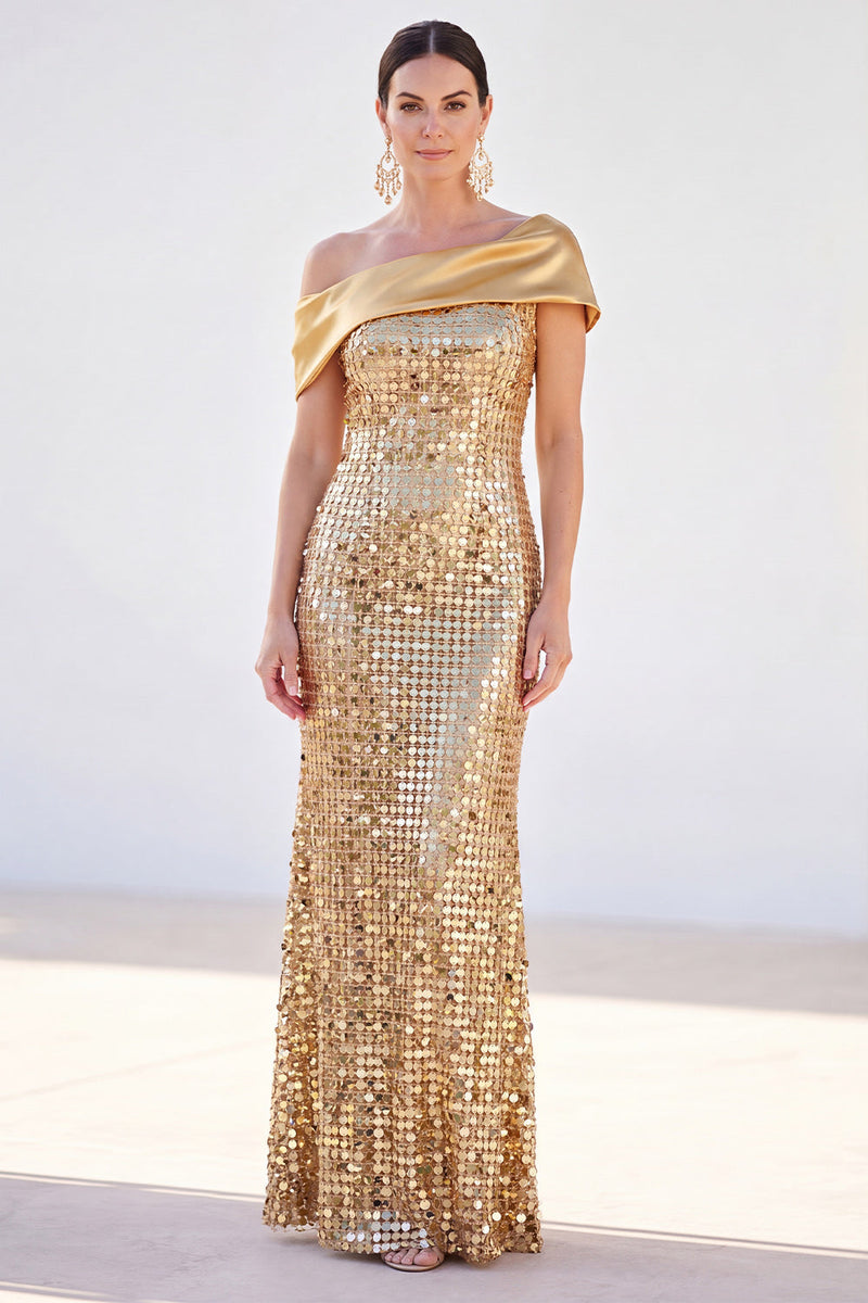 Laden Sie das Bild in den Galerie-Viewer, Glitzernde goldene Meerjungfrau mit einer Schulter Pailletten Lange Mutter der Braut Kleid