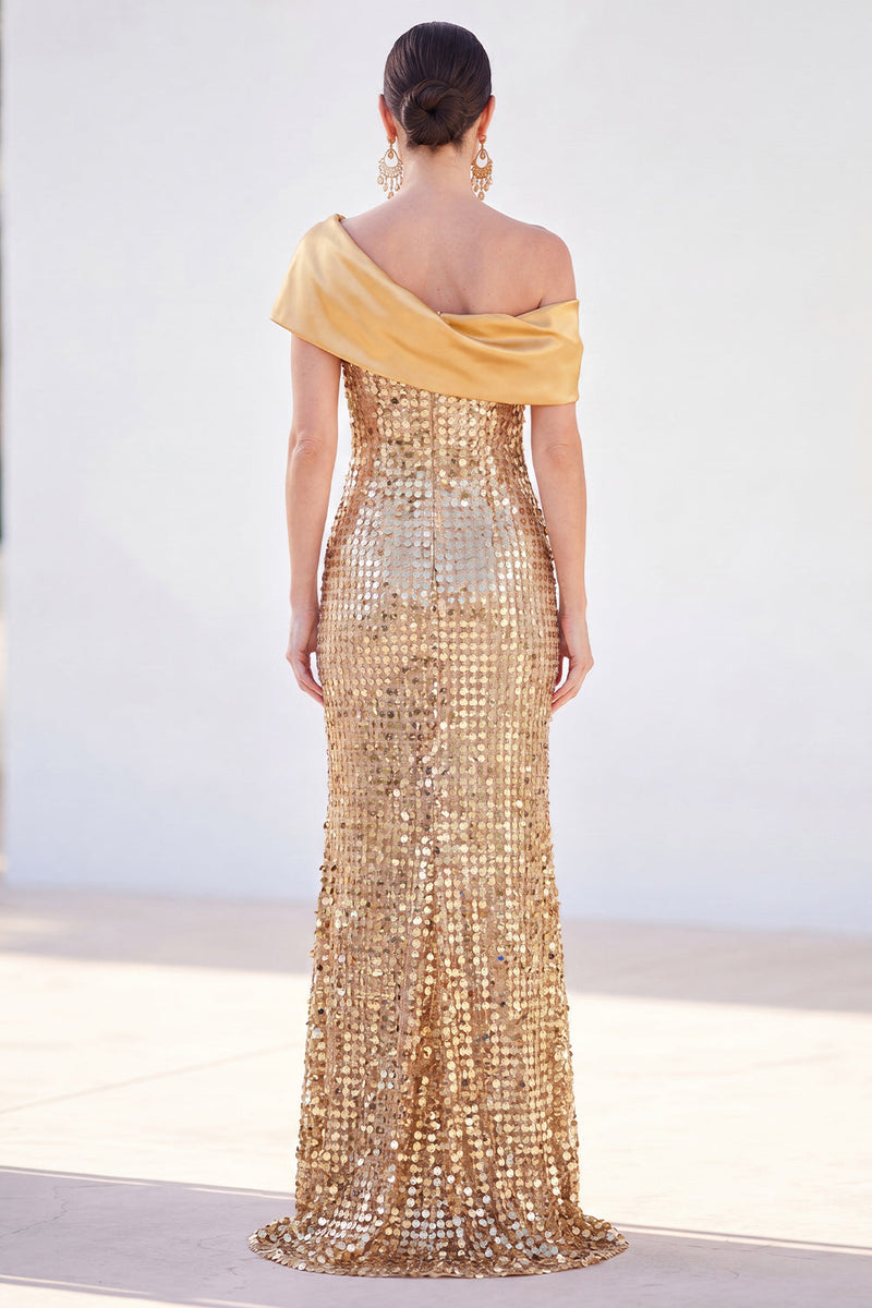 Laden Sie das Bild in den Galerie-Viewer, Glitzernde goldene Meerjungfrau mit einer Schulter Pailletten Lange Mutter der Braut Kleid