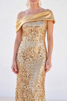 Laden Sie das Bild in den Galerie-Viewer, Glitzernde goldene Meerjungfrau mit einer Schulter Pailletten Lange Mutter der Braut Kleid