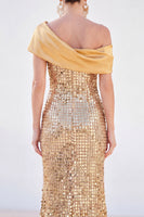 Laden Sie das Bild in den Galerie-Viewer, Glitzernde goldene Meerjungfrau mit einer Schulter Pailletten Lange Mutter der Braut Kleid