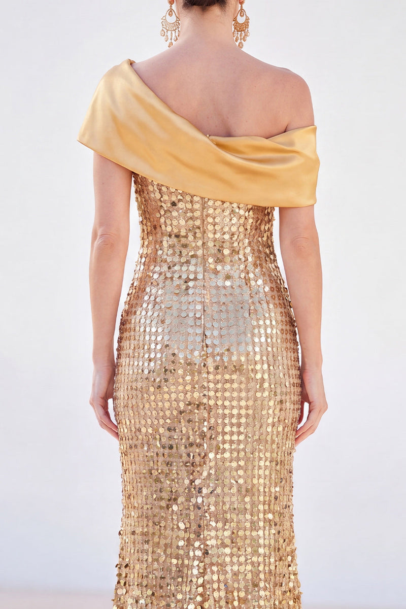Laden Sie das Bild in den Galerie-Viewer, Glitzernde goldene Meerjungfrau mit einer Schulter Pailletten Lange Mutter der Braut Kleid