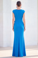 Laden Sie das Bild in den Galerie-Viewer, Fuchsiafarbenes Meerjungfrauen-Bateau-Hals, gerafftes Blumenmuster und langes Mutter-der-der-Braut-Kleid mit Mützenärmeln