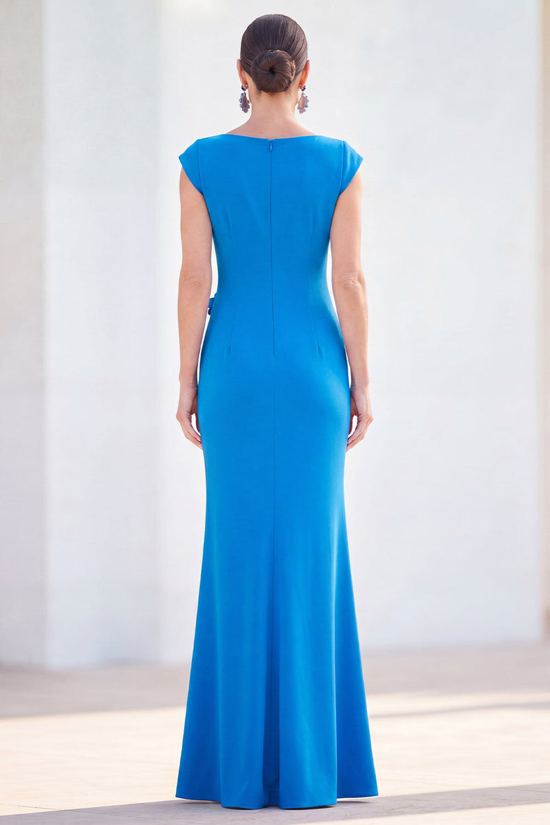 Laden Sie das Bild in den Galerie-Viewer, Fuchsiafarbenes Meerjungfrauen-Bateau-Hals, gerafftes Blumenmuster und langes Mutter-der-der-Braut-Kleid mit Mützenärmeln