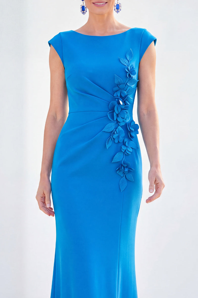 Laden Sie das Bild in den Galerie-Viewer, Fuchsiafarbenes Meerjungfrauen-Bateau-Hals, gerafftes Blumenmuster und langes Mutter-der-der-Braut-Kleid mit Mützenärmeln