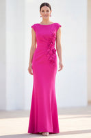 Laden Sie das Bild in den Galerie-Viewer, Fuchsiafarbenes Meerjungfrauen-Bateau-Hals, gerafftes Blumenmuster und langes Mutter-der-der-Braut-Kleid mit Mützenärmeln