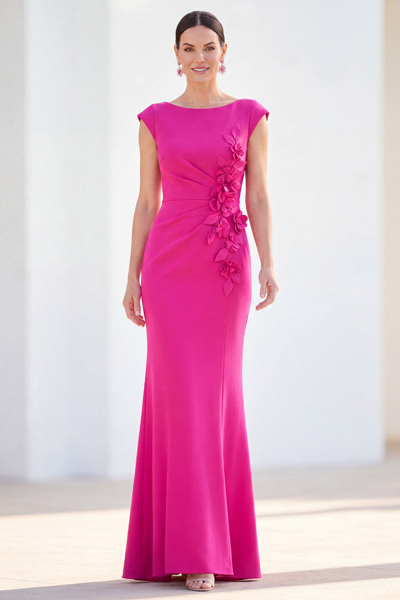 Laden Sie das Bild in den Galerie-Viewer, Fuchsiafarbenes Meerjungfrauen-Bateau-Hals, gerafftes Blumenmuster und langes Mutter-der-der-Braut-Kleid mit Mützenärmeln
