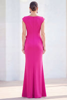 Laden Sie das Bild in den Galerie-Viewer, Fuchsiafarbenes Meerjungfrauen-Bateau-Hals, gerafftes Blumenmuster und langes Mutter-der-der-Braut-Kleid mit Mützenärmeln