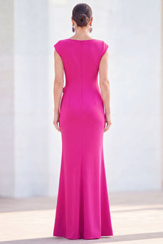 Fuchsia Meerjungfrauen Bateau-Hals Gerafftes Blumenmuster Langes Mutter-der-Braut-Kleid mit Mützenärmeln