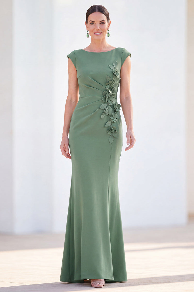 Laden Sie das Bild in den Galerie-Viewer, Fuchsiafarbenes Meerjungfrauen-Bateau-Hals, gerafftes Blumenmuster und langes Mutter-der-der-Braut-Kleid mit Mützenärmeln