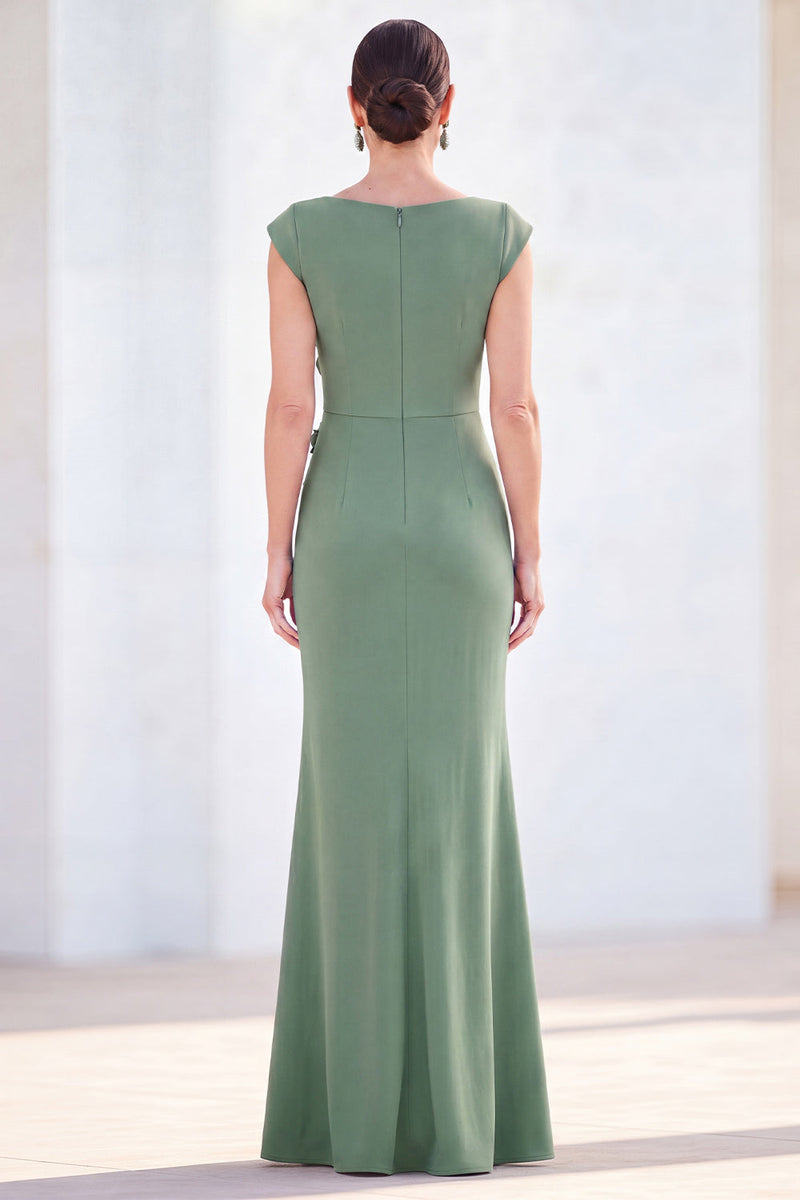 Laden Sie das Bild in den Galerie-Viewer, Fuchsiafarbenes Meerjungfrauen-Bateau-Hals, gerafftes Blumenmuster und langes Mutter-der-der-Braut-Kleid mit Mützenärmeln