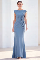 Laden Sie das Bild in den Galerie-Viewer, Fuchsiafarbenes Meerjungfrauen-Bateau-Hals, gerafftes Blumenmuster und langes Mutter-der-der-Braut-Kleid mit Mützenärmeln