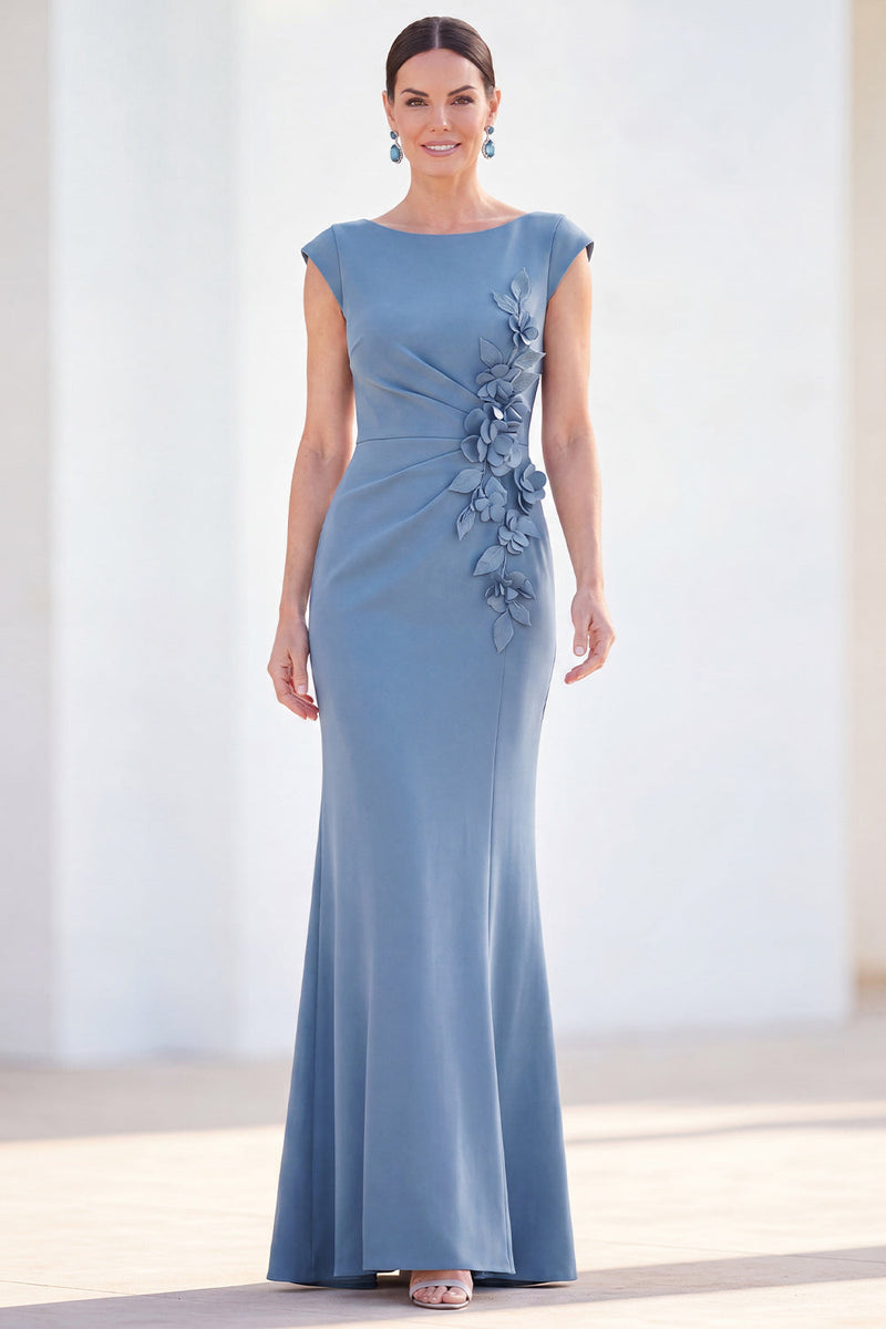 Laden Sie das Bild in den Galerie-Viewer, Fuchsiafarbenes Meerjungfrauen-Bateau-Hals, gerafftes Blumenmuster und langes Mutter-der-der-Braut-Kleid mit Mützenärmeln