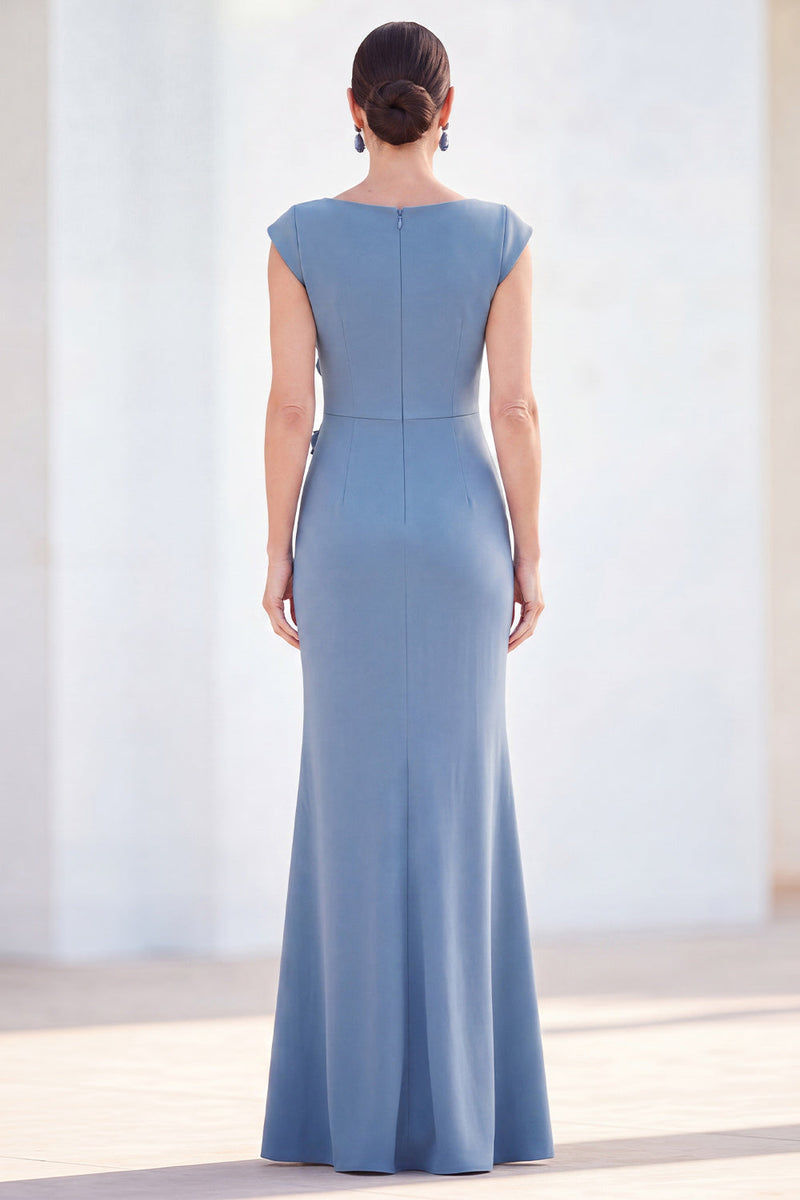 Laden Sie das Bild in den Galerie-Viewer, Fuchsiafarbenes Meerjungfrauen-Bateau-Hals, gerafftes Blumenmuster und langes Mutter-der-der-Braut-Kleid mit Mützenärmeln