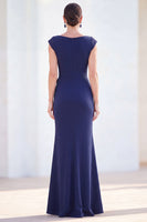 Laden Sie das Bild in den Galerie-Viewer, Fuchsiafarbenes Meerjungfrauen-Bateau-Hals, gerafftes Blumenmuster und langes Mutter-der-der-Braut-Kleid mit Mützenärmeln