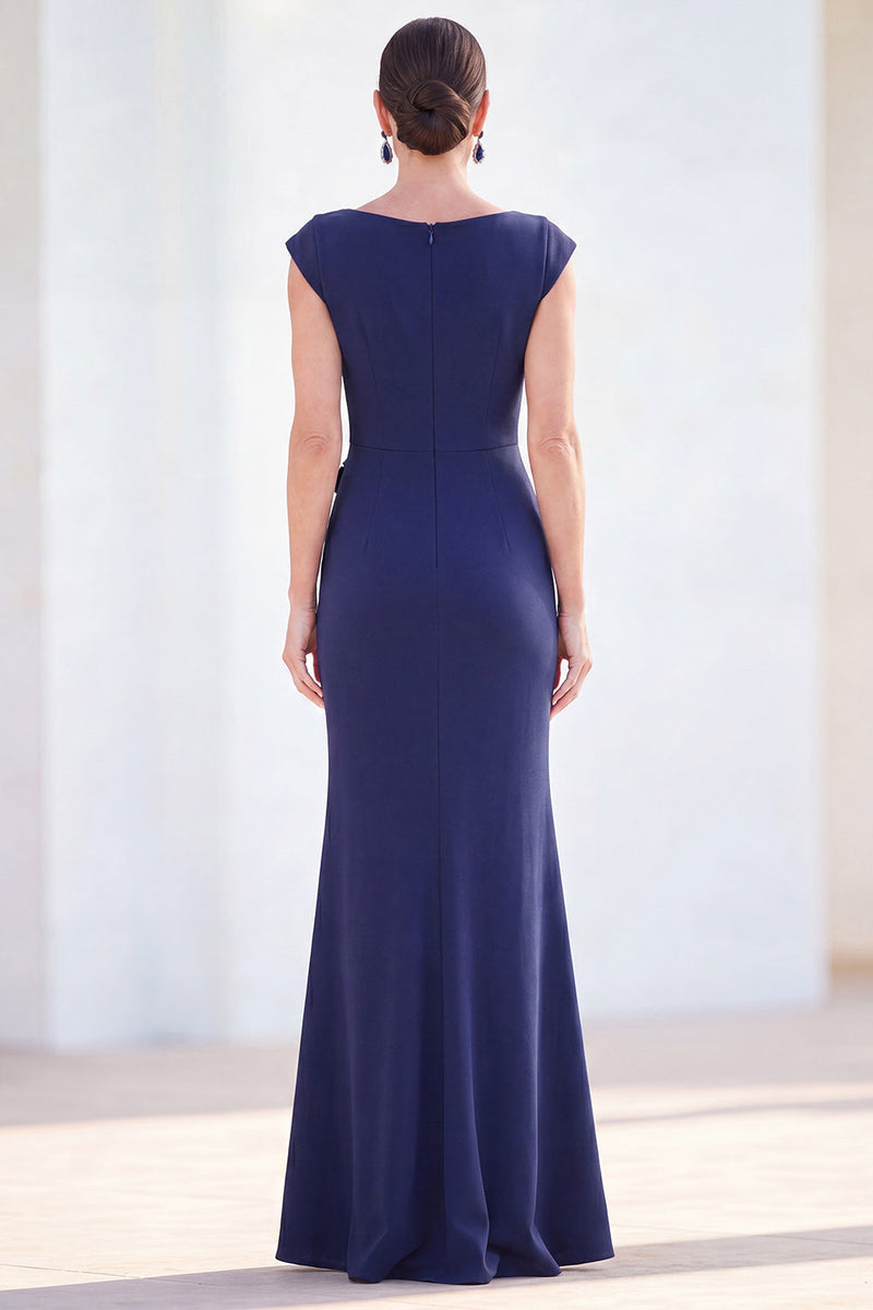 Laden Sie das Bild in den Galerie-Viewer, Fuchsiafarbenes Meerjungfrauen-Bateau-Hals, gerafftes Blumenmuster und langes Mutter-der-der-Braut-Kleid mit Mützenärmeln