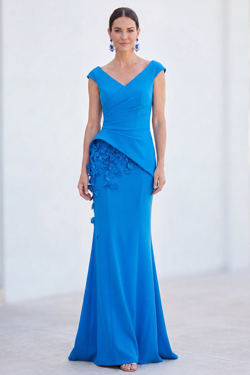 Laden Sie das Bild in den Galerie-Viewer, Blaues Blumen-Meerjungfrauen-V-Ausschnitt, gerafftes langes Mutter-der-Braut-Kleid mit Mützenärmeln
