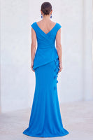 Laden Sie das Bild in den Galerie-Viewer, Blaues Blumen-Meerjungfrauen-V-Ausschnitt, gerafftes langes Mutter-der-Braut-Kleid mit Mützenärmeln