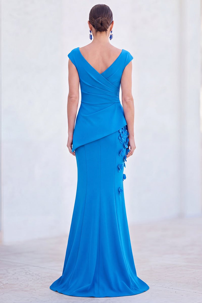 Laden Sie das Bild in den Galerie-Viewer, Blaues Blumen-Meerjungfrauen-V-Ausschnitt, gerafftes langes Mutter-der-Braut-Kleid mit Mützenärmeln