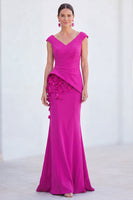 Laden Sie das Bild in den Galerie-Viewer, Blaues Blumen-Meerjungfrauen-V-Ausschnitt, gerafftes langes Mutter-der-Braut-Kleid mit Mützenärmeln