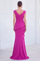 Laden Sie das Bild in den Galerie-Viewer, Blaues Blumen-Meerjungfrauen-V-Ausschnitt, gerafftes langes Mutter-der-Braut-Kleid mit Mützenärmeln