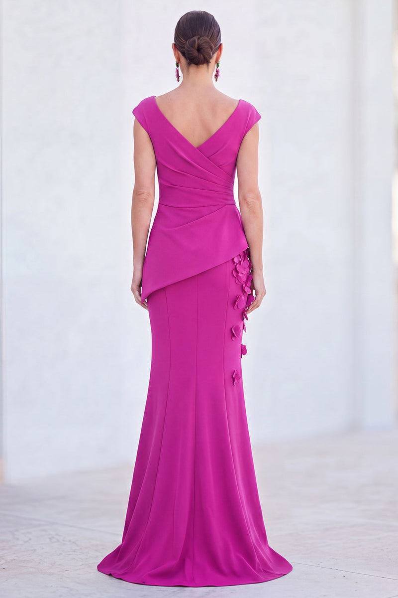 Laden Sie das Bild in den Galerie-Viewer, Blaues Blumen-Meerjungfrauen-V-Ausschnitt, gerafftes langes Mutter-der-Braut-Kleid mit Mützenärmeln