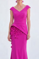 Laden Sie das Bild in den Galerie-Viewer, Blaues Blumen-Meerjungfrauen-V-Ausschnitt, gerafftes langes Mutter-der-Braut-Kleid mit Mützenärmeln
