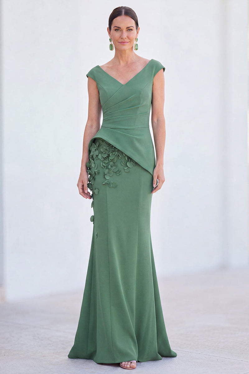 Laden Sie das Bild in den Galerie-Viewer, Blaues Blumen-Meerjungfrauen-V-Ausschnitt, gerafftes langes Mutter-der-Braut-Kleid mit Mützenärmeln