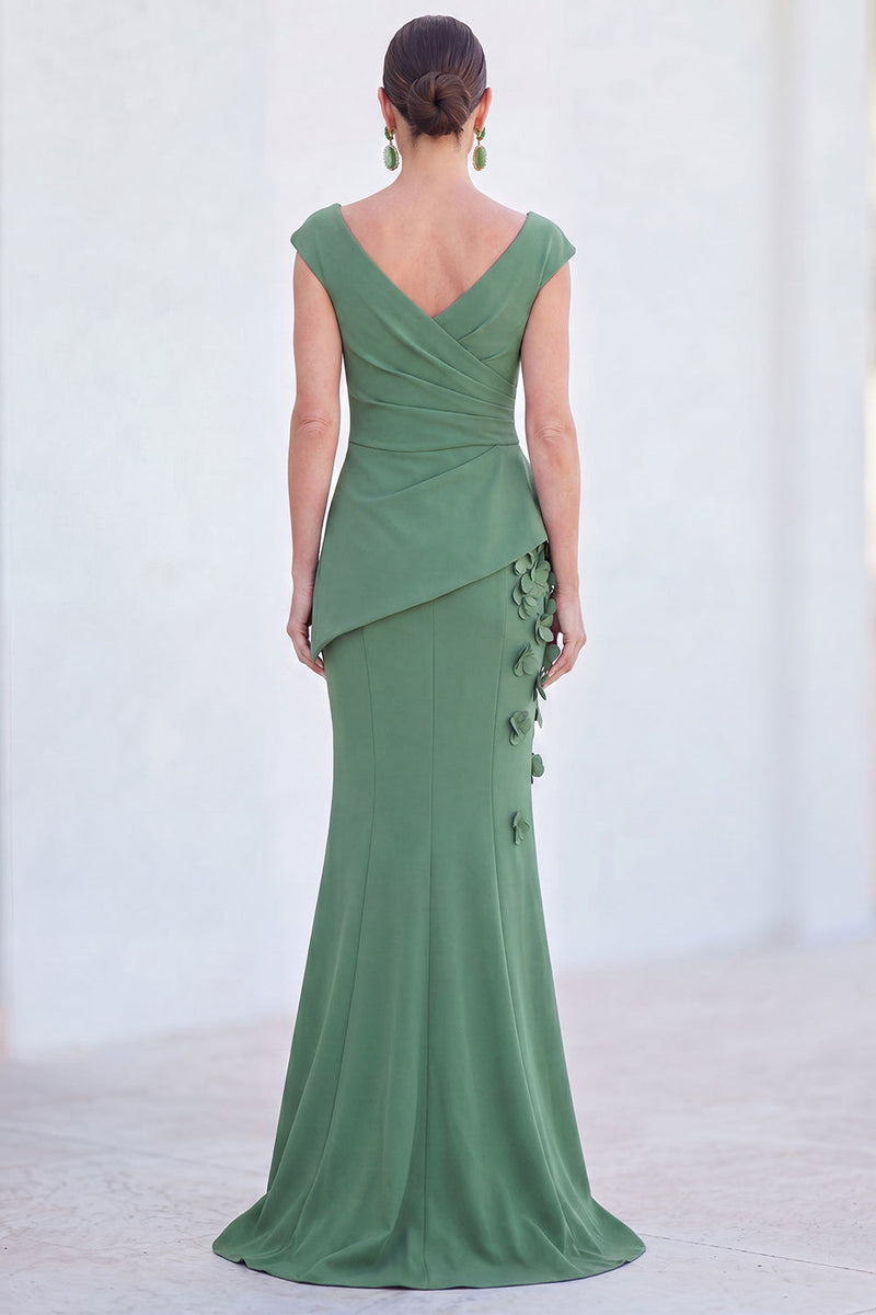 Laden Sie das Bild in den Galerie-Viewer, Blaues Blumen-Meerjungfrauen-V-Ausschnitt, gerafftes langes Mutter-der-Braut-Kleid mit Mützenärmeln
