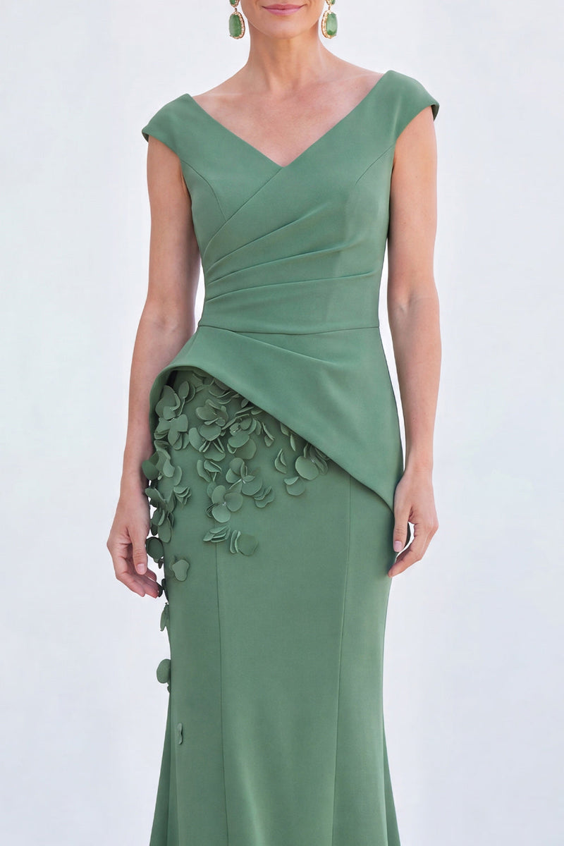 Laden Sie das Bild in den Galerie-Viewer, Blaues Blumen-Meerjungfrauen-V-Ausschnitt, gerafftes langes Mutter-der-Braut-Kleid mit Mützenärmeln