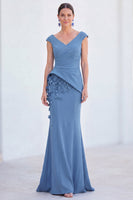 Laden Sie das Bild in den Galerie-Viewer, Blaues Blumen-Meerjungfrauen-V-Ausschnitt, gerafftes langes Mutter-der-Braut-Kleid mit Mützenärmeln