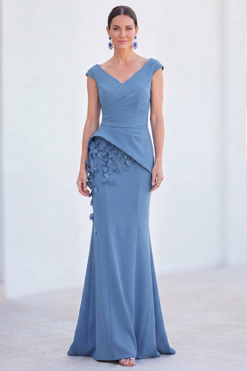 Laden Sie das Bild in den Galerie-Viewer, Blaues Blumen-Meerjungfrauen-V-Ausschnitt, gerafftes langes Mutter-der-Braut-Kleid mit Mützenärmeln