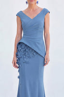 Laden Sie das Bild in den Galerie-Viewer, Blaues Blumen-Meerjungfrauen-V-Ausschnitt, gerafftes langes Mutter-der-Braut-Kleid mit Mützenärmeln