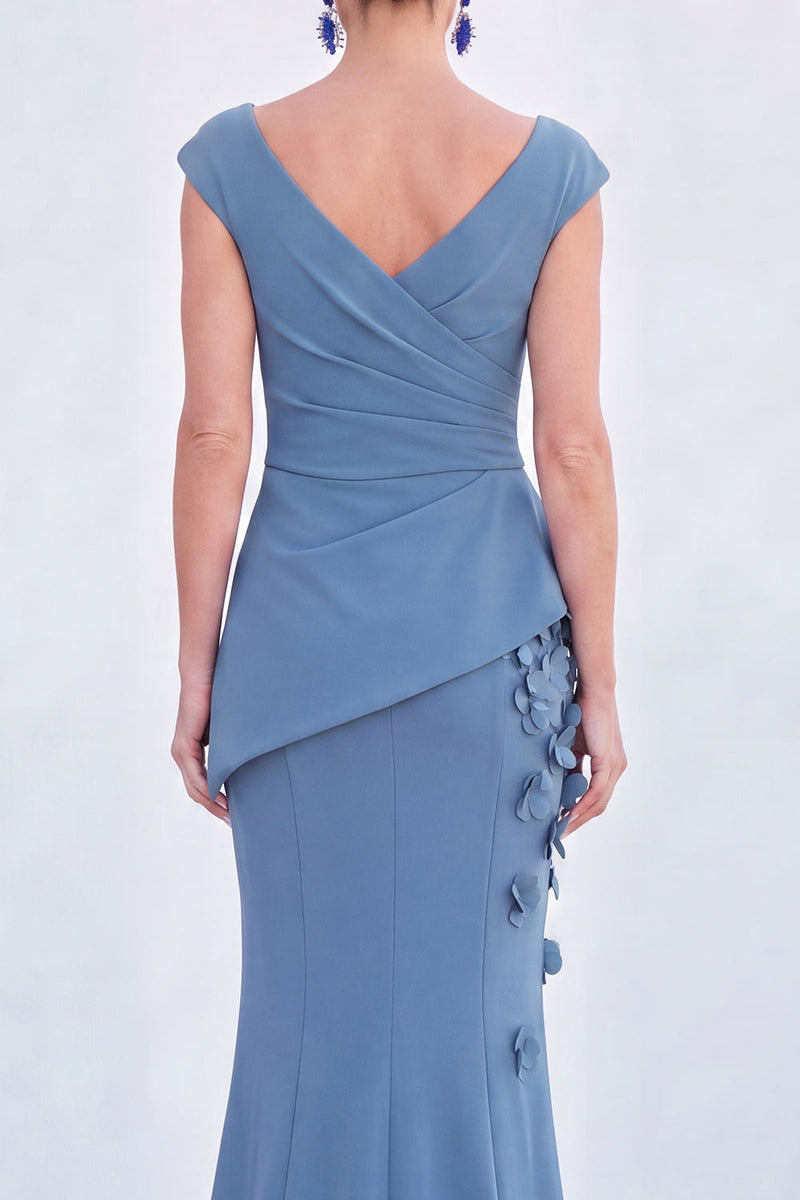 Laden Sie das Bild in den Galerie-Viewer, Blaues Blumen-Meerjungfrauen-V-Ausschnitt, gerafftes langes Mutter-der-Braut-Kleid mit Mützenärmeln