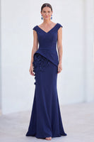 Laden Sie das Bild in den Galerie-Viewer, Blaues Blumen-Meerjungfrauen-V-Ausschnitt, gerafftes langes Mutter-der-Braut-Kleid mit Mützenärmeln