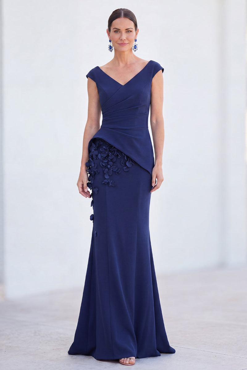 Laden Sie das Bild in den Galerie-Viewer, Blaues Blumen-Meerjungfrauen-V-Ausschnitt, gerafftes langes Mutter-der-Braut-Kleid mit Mützenärmeln