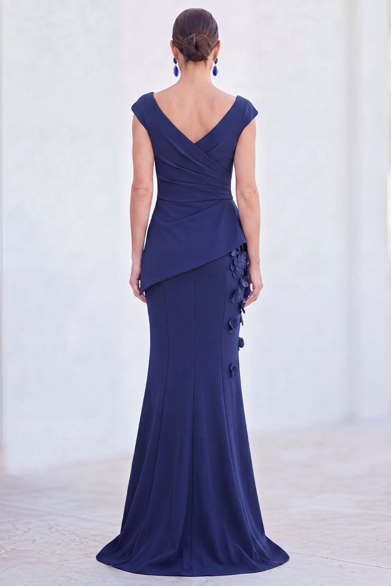 Laden Sie das Bild in den Galerie-Viewer, Blaues Blumen-Meerjungfrauen-V-Ausschnitt, gerafftes langes Mutter-der-Braut-Kleid mit Mützenärmeln