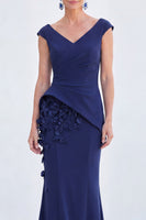 Laden Sie das Bild in den Galerie-Viewer, Blaues Blumen-Meerjungfrauen-V-Ausschnitt, gerafftes langes Mutter-der-Braut-Kleid mit Mützenärmeln