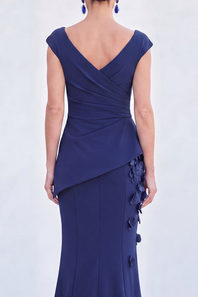 Laden Sie das Bild in den Galerie-Viewer, Blaues Blumen-Meerjungfrauen-V-Ausschnitt, gerafftes langes Mutter-der-Braut-Kleid mit Mützenärmeln