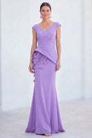 Laden Sie das Bild in den Galerie-Viewer, Blaues Blumen-Meerjungfrauen-V-Ausschnitt, gerafftes langes Mutter-der-Braut-Kleid mit Mützenärmeln