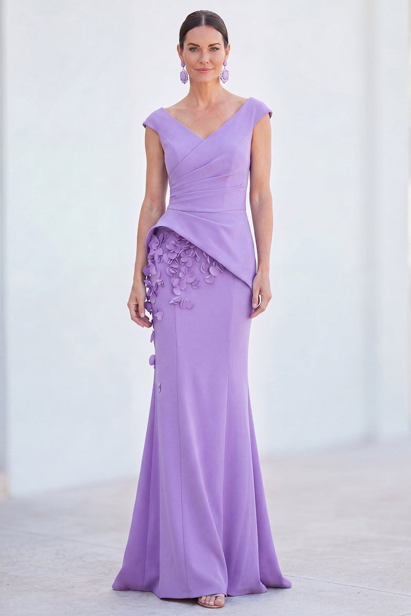 Laden Sie das Bild in den Galerie-Viewer, Blaues Blumen-Meerjungfrauen-V-Ausschnitt, gerafftes langes Mutter-der-Braut-Kleid mit Mützenärmeln