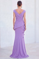 Laden Sie das Bild in den Galerie-Viewer, Blaues Blumen-Meerjungfrauen-V-Ausschnitt, gerafftes langes Mutter-der-Braut-Kleid mit Mützenärmeln