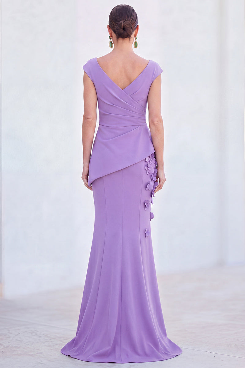 Laden Sie das Bild in den Galerie-Viewer, Blaues Blumen-Meerjungfrauen-V-Ausschnitt, gerafftes langes Mutter-der-Braut-Kleid mit Mützenärmeln