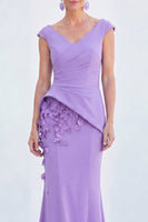 Laden Sie das Bild in den Galerie-Viewer, Blaues Blumen-Meerjungfrauen-V-Ausschnitt, gerafftes langes Mutter-der-Braut-Kleid mit Mützenärmeln