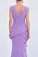 Laden Sie das Bild in den Galerie-Viewer, Blaues Blumen-Meerjungfrauen-V-Ausschnitt, gerafftes langes Mutter-der-Braut-Kleid mit Mützenärmeln