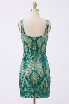 Glitzerndes dunkelgrünes Quadrathals-Bodycon-Pailletten-Homecoming-Kleid