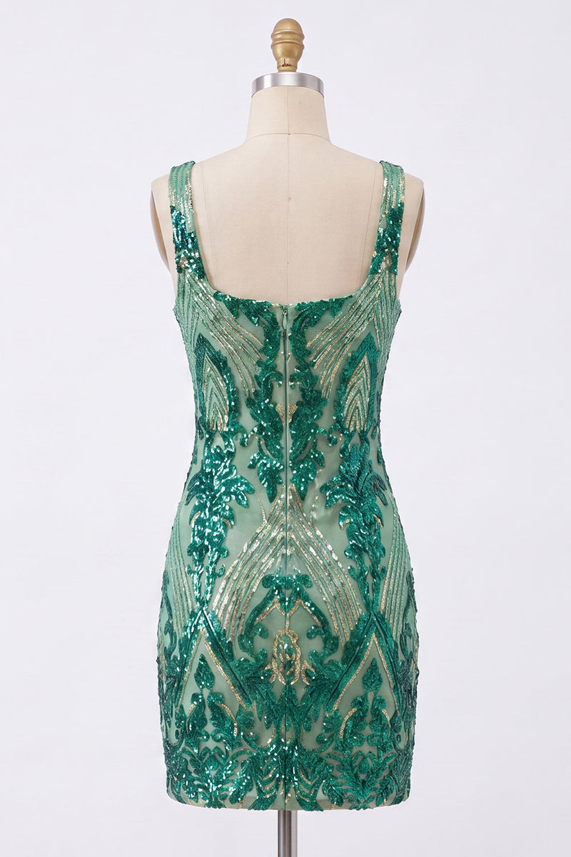 Laden Sie das Bild in den Galerie-Viewer, Glitzerndes dunkelgrünes Quadrathals-Bodycon-Pailletten-Homecoming-Kleid