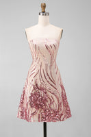 Laden Sie das Bild in den Galerie-Viewer, Glitzerndes A-Linie Gold und Rosa Trägerloses Pailletten Kurzes Abendkleid