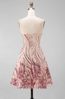 Laden Sie das Bild in den Galerie-Viewer, Glitzerndes A-Linie Gold und Rosa Trägerloses Pailletten Kurzes Abendkleid