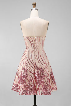 Glitzerndes A-Linie Gold und Rosa Trägerloses Pailletten Kurzes Abendkleid