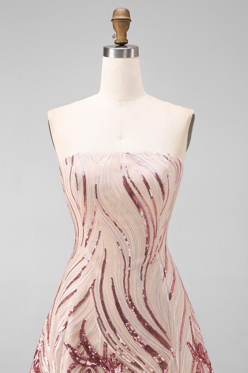 Laden Sie das Bild in den Galerie-Viewer, Glitzerndes A-Linie Gold und Rosa Trägerloses Pailletten Kurzes Abendkleid